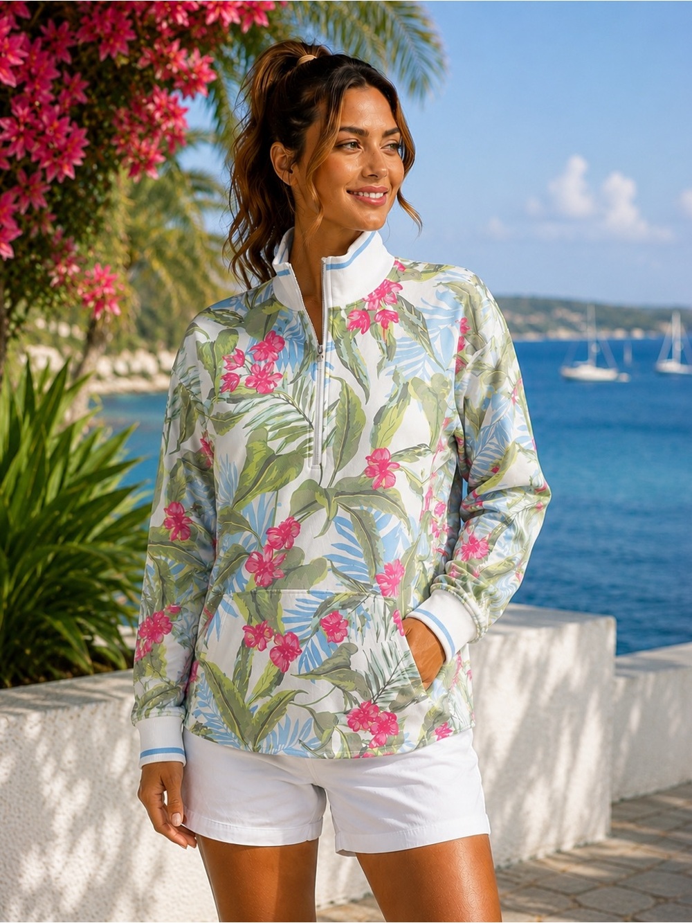 Tommy Bahama Everyday Active Tropical Floral Quarter Zip Pullover Women’s M NWT